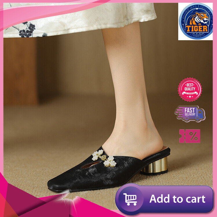 Ddmytiger Chinese Style Baotou Slippers Summer New Elegant Beaded Decoration Cm Comfortable Round Heel Outdoor Shoes