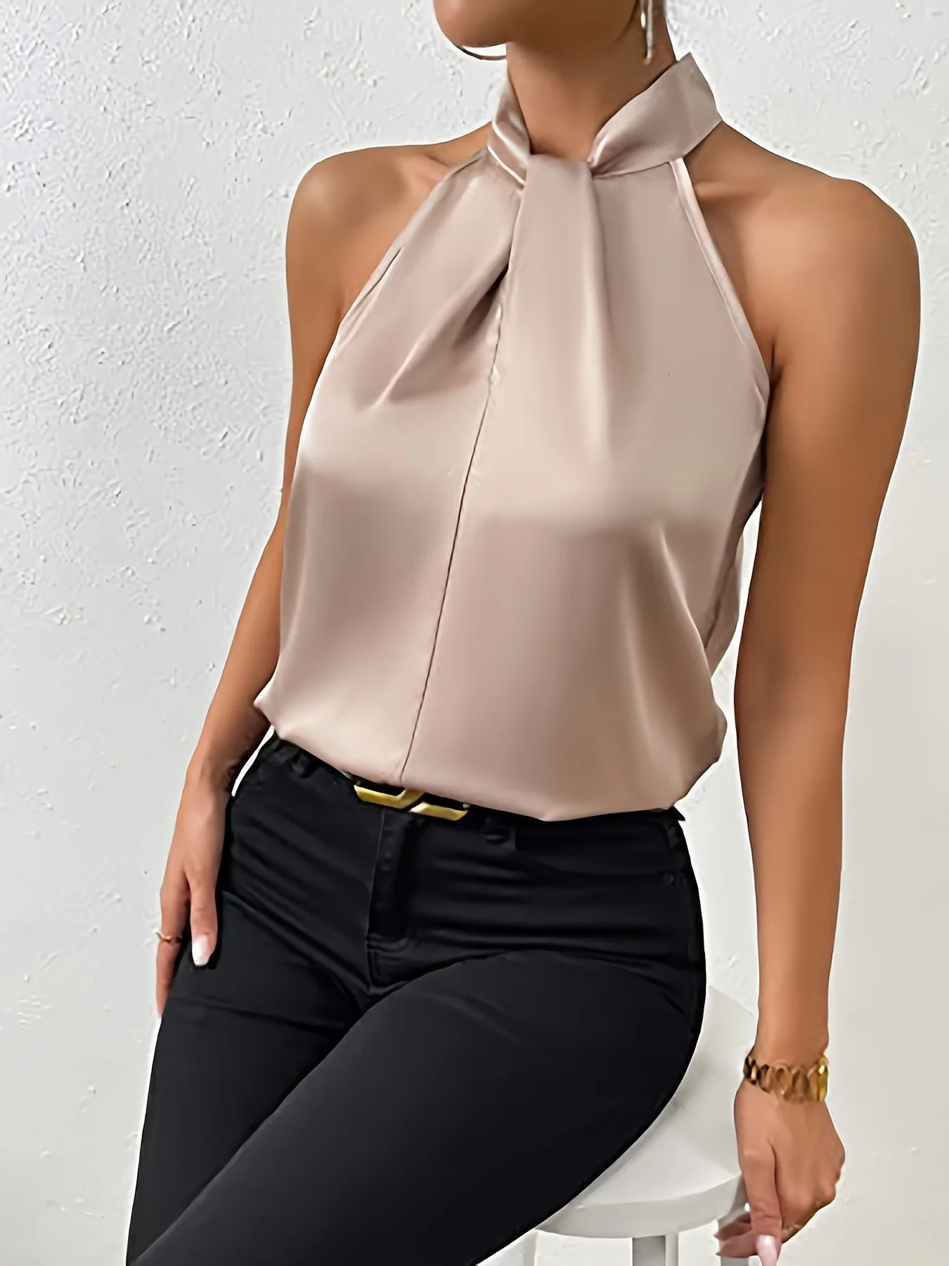 Summer European and American womens color Ding halter sleeveless vest satin silk blouse 250514