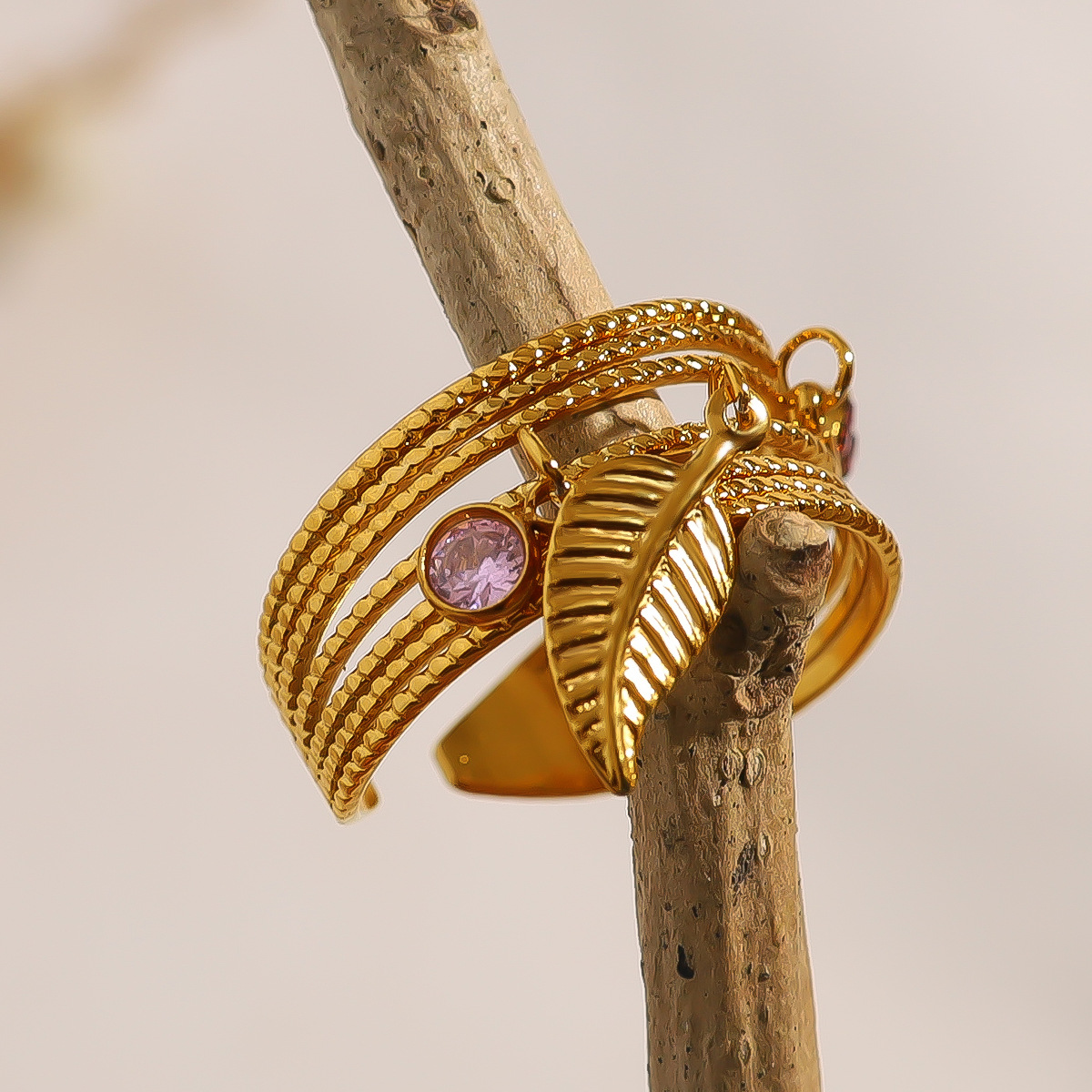 18K Gold Plated Titanium Steel Open Ring with Leaf and Crystal Pendant, Luxe Multi-line Design for Women