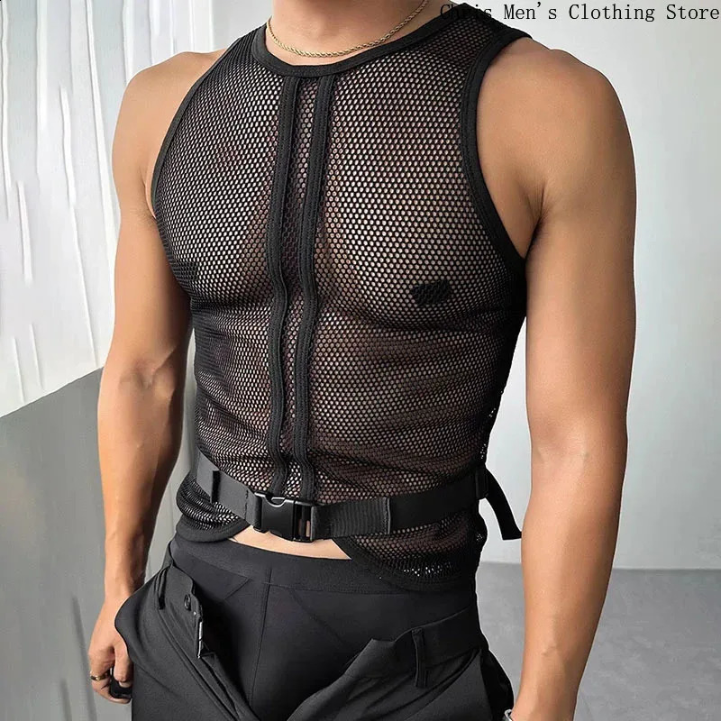 Mesh Breathable Male Tank Top Sexy See-through Men Sleeveless Tee Mens High Street Punk Black Vest Fitness Exercise Hollow Vest 250513