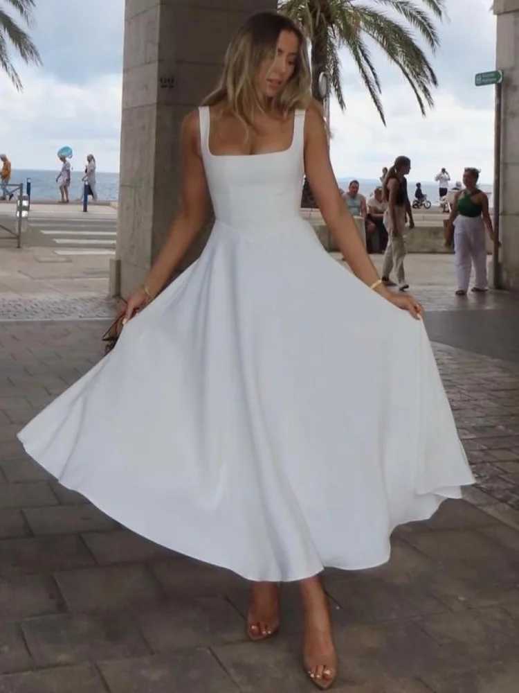 2025 Chic Square Neck A-line Strap Long Dress For Women Elegant Backless Sleeveless Slim High Waist Robe Lady Holiday DailywearXJ250514
