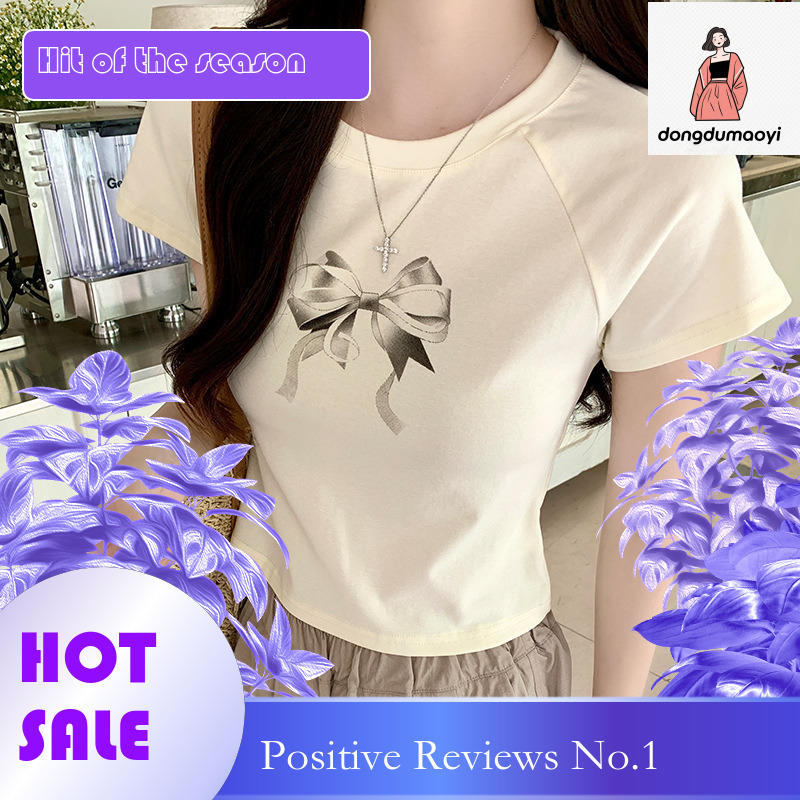 dongdumaoyi Bow print sleeved t-shirt for women's summer 2025 new design, niche round neck tight fitting short top trend