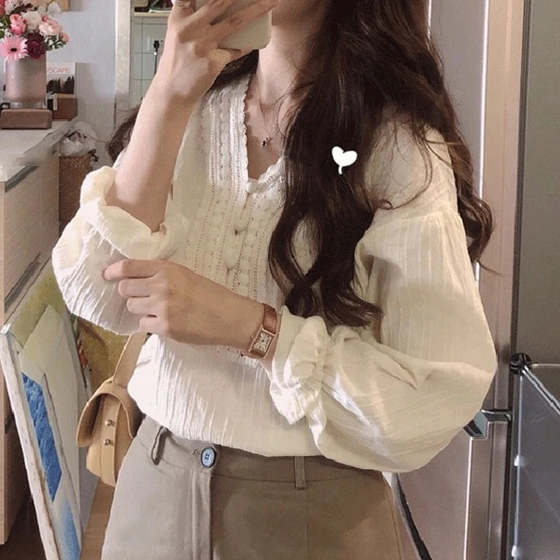 Summer Elegant Lace Blouse Fashion Women Long Sleeve Loose Casual Shirt Ladies Office Spring V Neck Female Tops 8225 250514