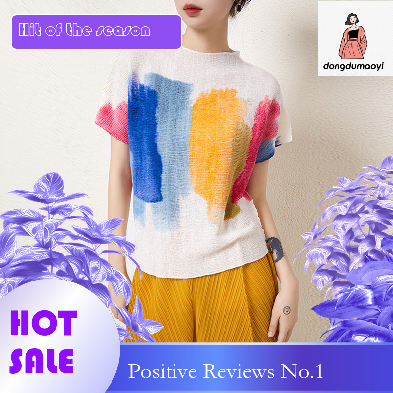 dongdumaoyi Miyake Top Women's 2024 Summer Short Sleeve Folded Small Shirt Graffiti Elastic Loose Look Thin Printed T-shirt Women