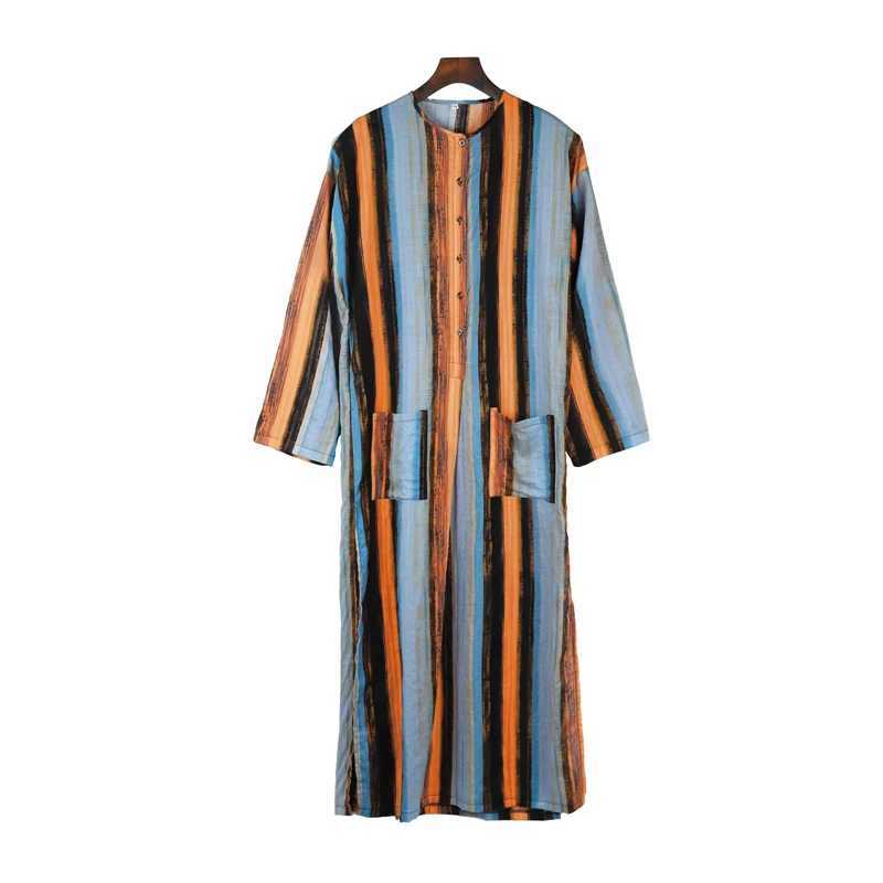 Mens Muslim Robes Striped Printed Long Sleeve Cotton Pockets Robes Button-down Leisure Vintage Islamic Arab Kaftan Dubai New X250514