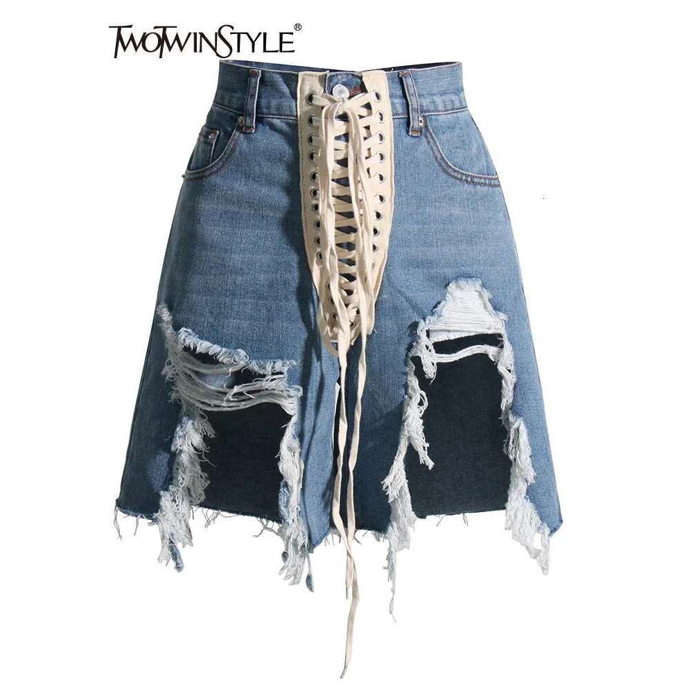 TWOTWINSTYLE Patchwork Ribbons Denim Shorts For Women High Waist Hollow Out Casual Streetwear Short Trousers Female Fashion 2022