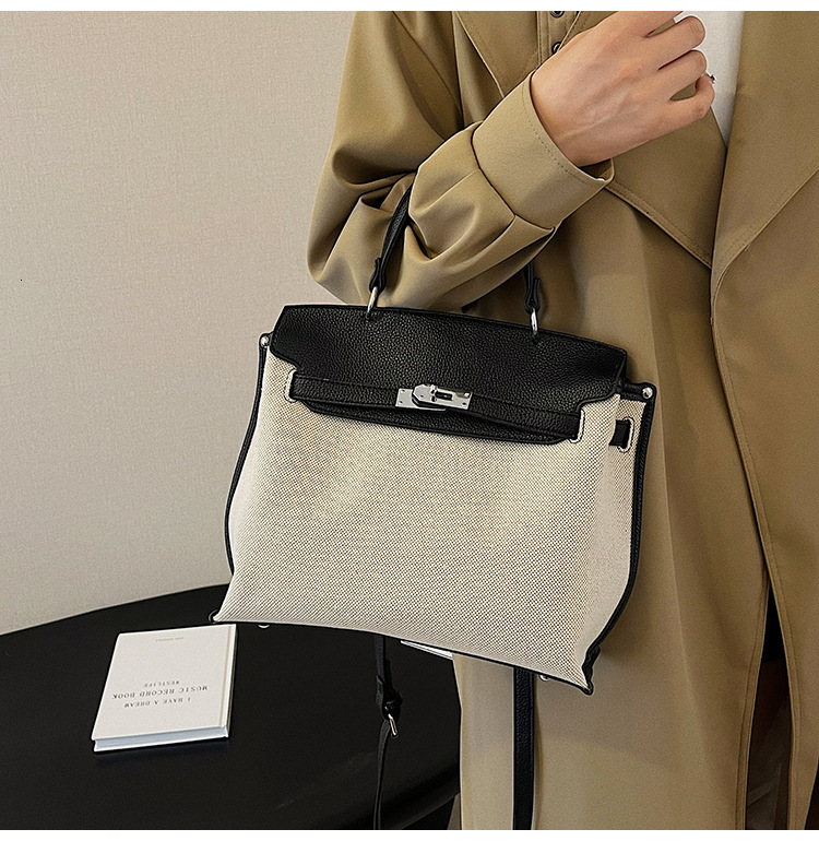 Women's 2025 New Shoulder Bag Linen Splicing Designer Bag Metal Buckle Comparison Texture Handbag Practical Storage Commuter Crossbody Bag Luxury