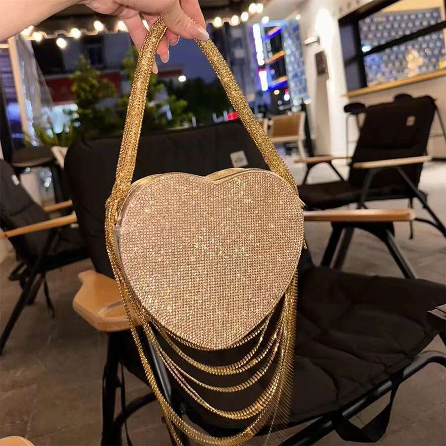Shiny Tassel Dias Heart-Shaped Evening Small Clutch Purse One Side Rhinestones Shoulder Bags Party Wedding Handbags Sac