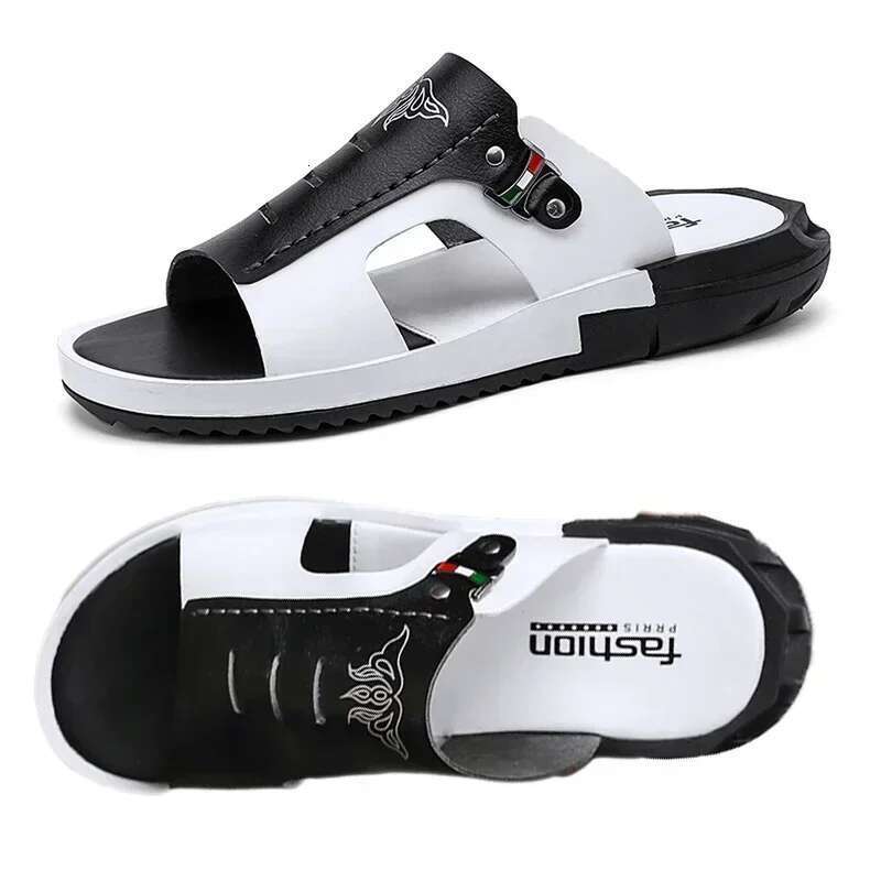 Men's Summer New Non-slip Wear-resistant Beach Shoes Leather Casual Sandals Slippers Slides Men