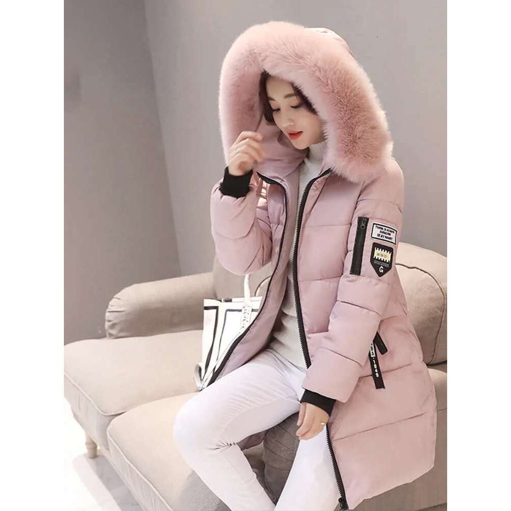 Women Winter Fur Collar Hooded Parka Fashion Letter Patch Zipper Pockets Design Long Jacket Elegant Slim Warm Thick Female Coats Designer