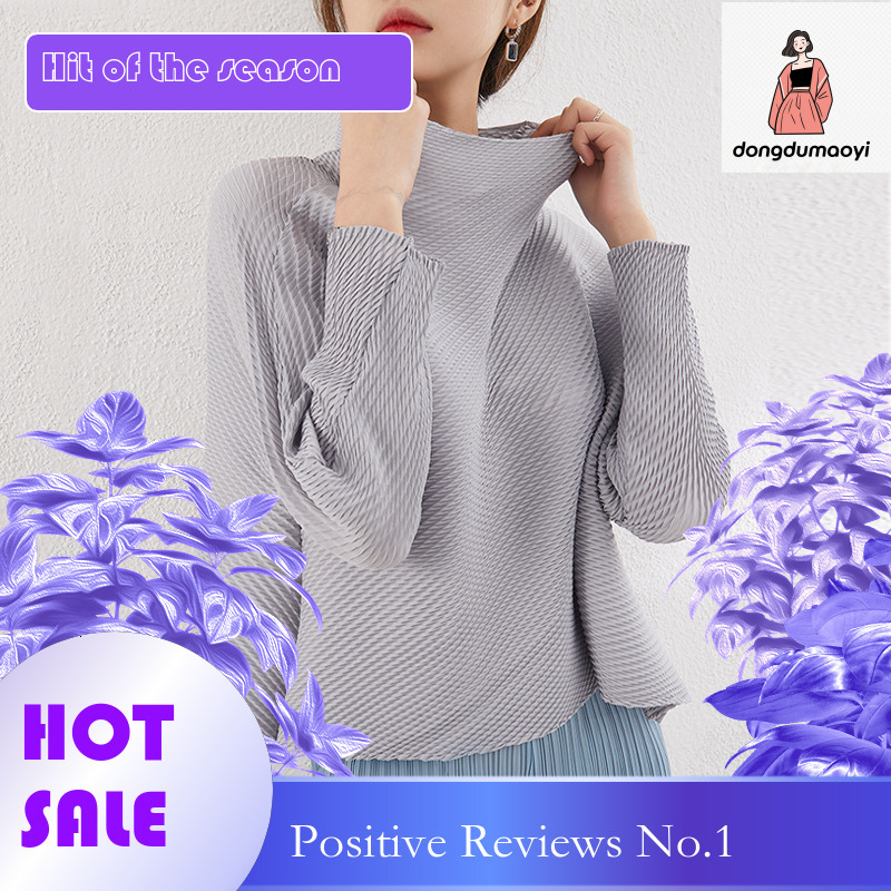 dongdumaoyi Miyake 2023 autumn winter new item slimming and stylish ins semi high neck pleated design solid color long sleeved T-shirt top for women