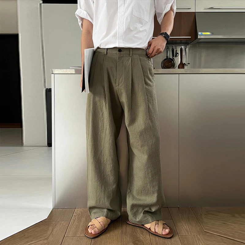 Mens Korean Light Draped Linen Wide Leg Pants Leisure Button-down Solid Color Straight Premium Elegant Sweatpants M-3XL 250513