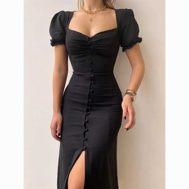 Fashion Bandage Bodycon Dresses For Women Puff Short Sleeves Sexy Low Cut Slim A-line Dress Elegant Ladies Dresses 2023 SummerXJ250514
