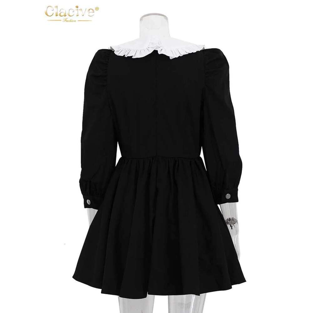 Clacive Fashion Black Patchwork Office Women Casual Lapel Long Sleeve Mini Dresses Elegant High Waist Pleated Female Dress