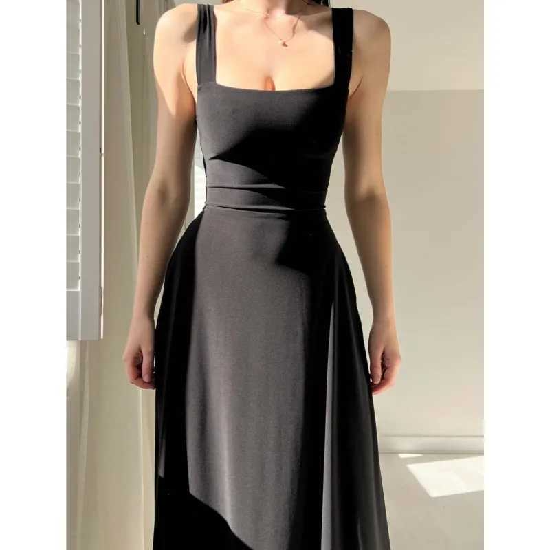 2025 Women Summer Dress Square Collar New Thick Shoulder Straps Slim Waist Dresses Solid Temperament Elegant Female DressesXJ250514