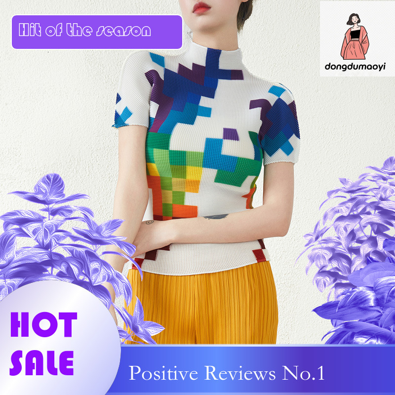 dongdumaoyi Miyake printed pleated top for women, summer new fashion design, slim fit and slimming short sleeved T-shirt