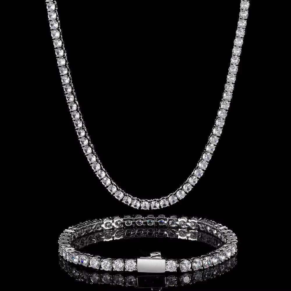 Hip Hop Jewelry 3mm 4mm 5mm White Gold Cubic Zircon Dia Men Women Iced Out Tennis Chain Necklace