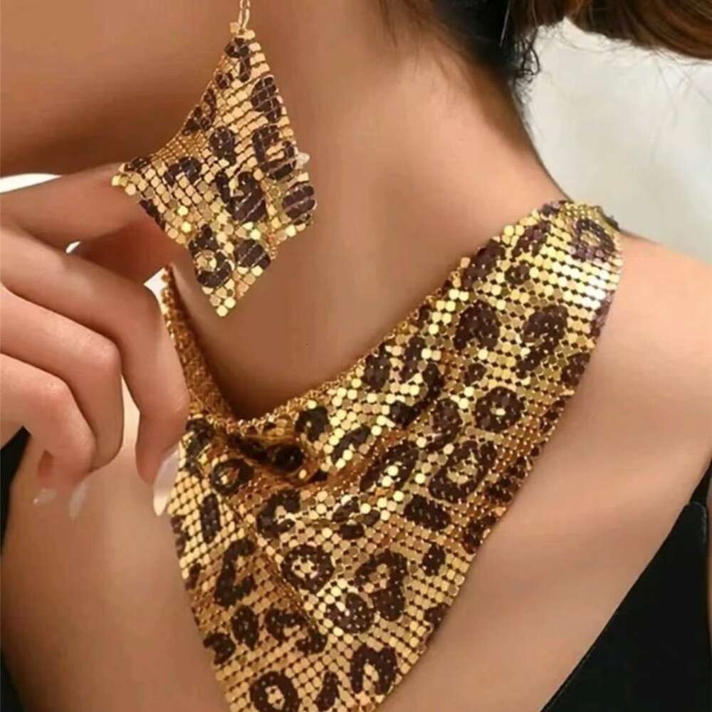 Triangle sequin silk scarf fake collar set with exaggerated personality collarbone necklace earrings pendant 24258