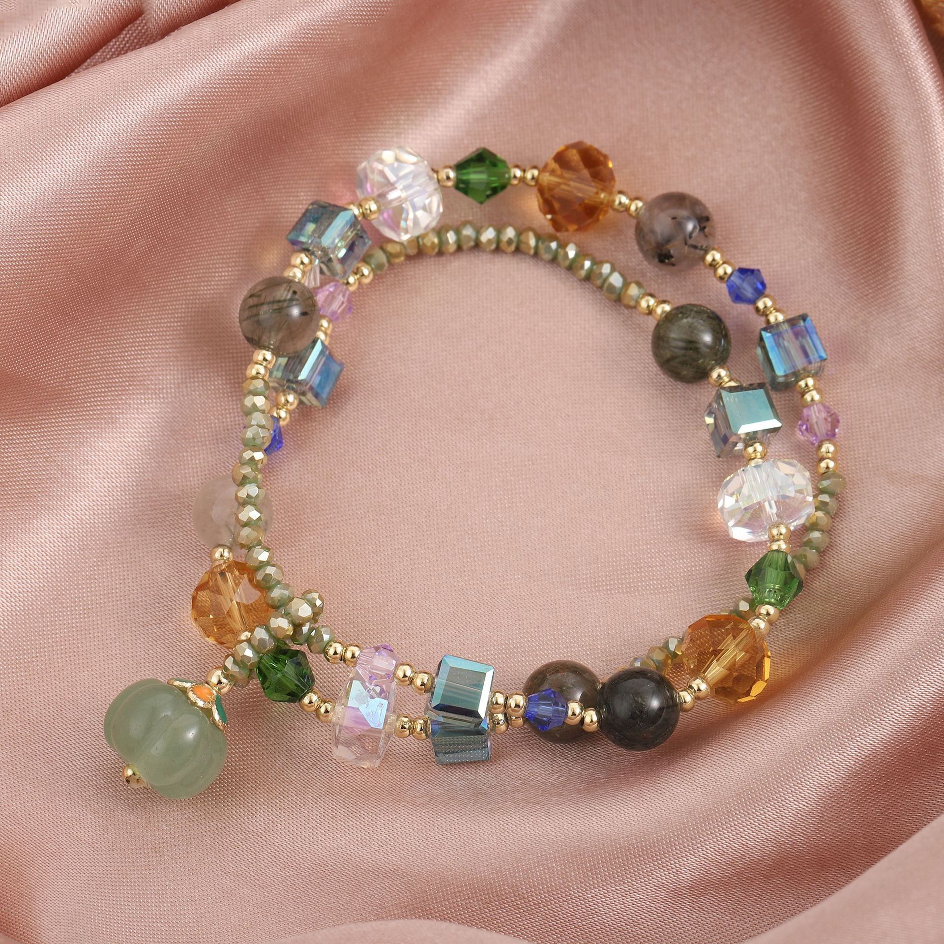 Natural countryside style green color hair bracelet, women's personality simple pumpkin pendant, square sugar crystal double circle jewelry