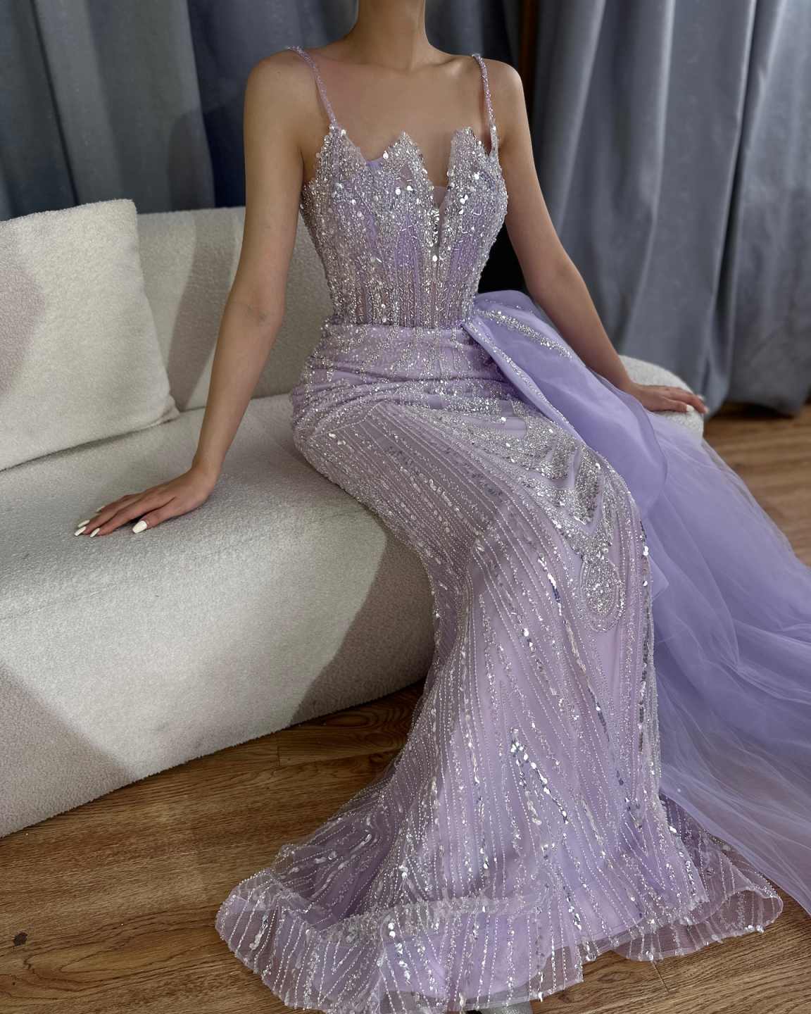 Graceful Purple Prom Dresses A-Line With Spaghetti Strap Sequins Ctystals Customized Zipper Court Gown Evening Dresses Plus Size Vestido De Noite