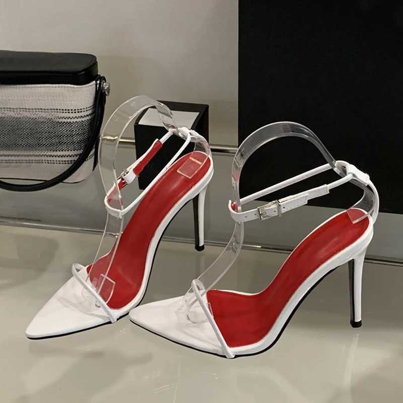Likes 2025 Summer Fashion White Patent Leather Ankle Strap Sandals Women Sexy Pointed Open Toe Stripper Heels Wedding Prom Shoes W250514