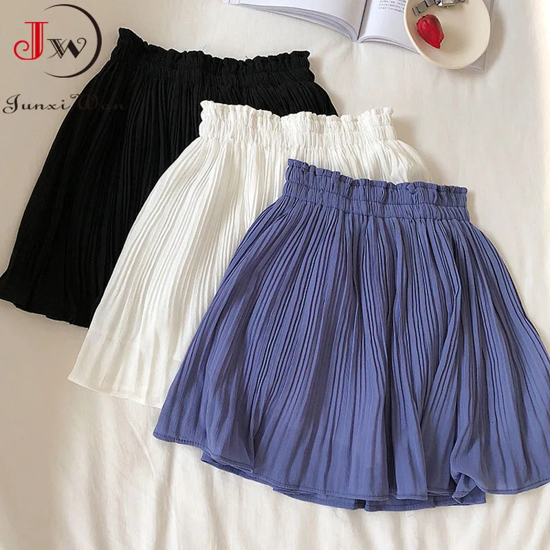 Solid Chiffon Summer Shorts Skirt Women Fashion Elastic Waist Pleated Mini Casual Beach Foldas Size 250514