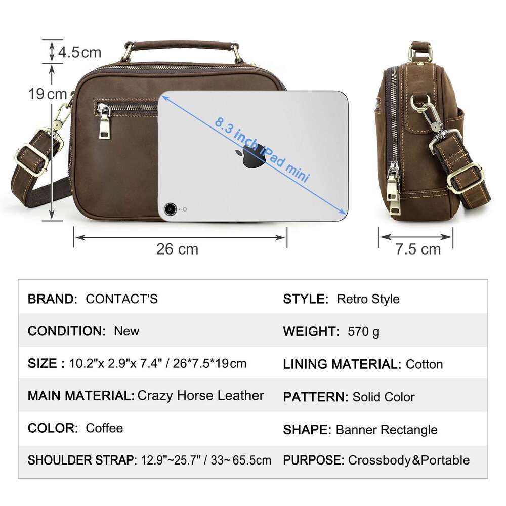 Vintage Crazy Horse Leather Male Middle Shoulder Crossbody Travel Package For Ipad Mini Notebook Retro Business Bag For Men