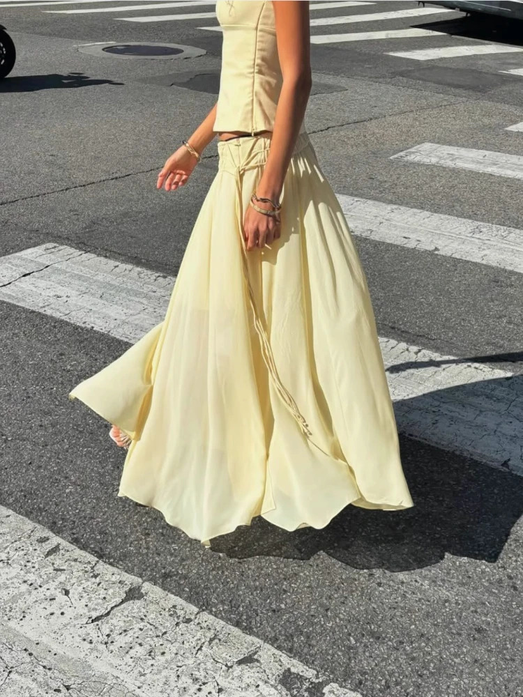 ZBZA Womens Circle Chiffon Skirt Sheer Crepe High Waist French Loose Asymmetric Maxi Summer Female Chic 250514