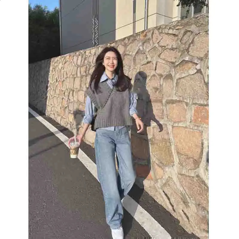 Fashion Korean Gray Sleeveless Elegant Knitted Womens Sweater Vest Sweet Solid Casual V Neck Tank Top Spring Autumn 9702 250506