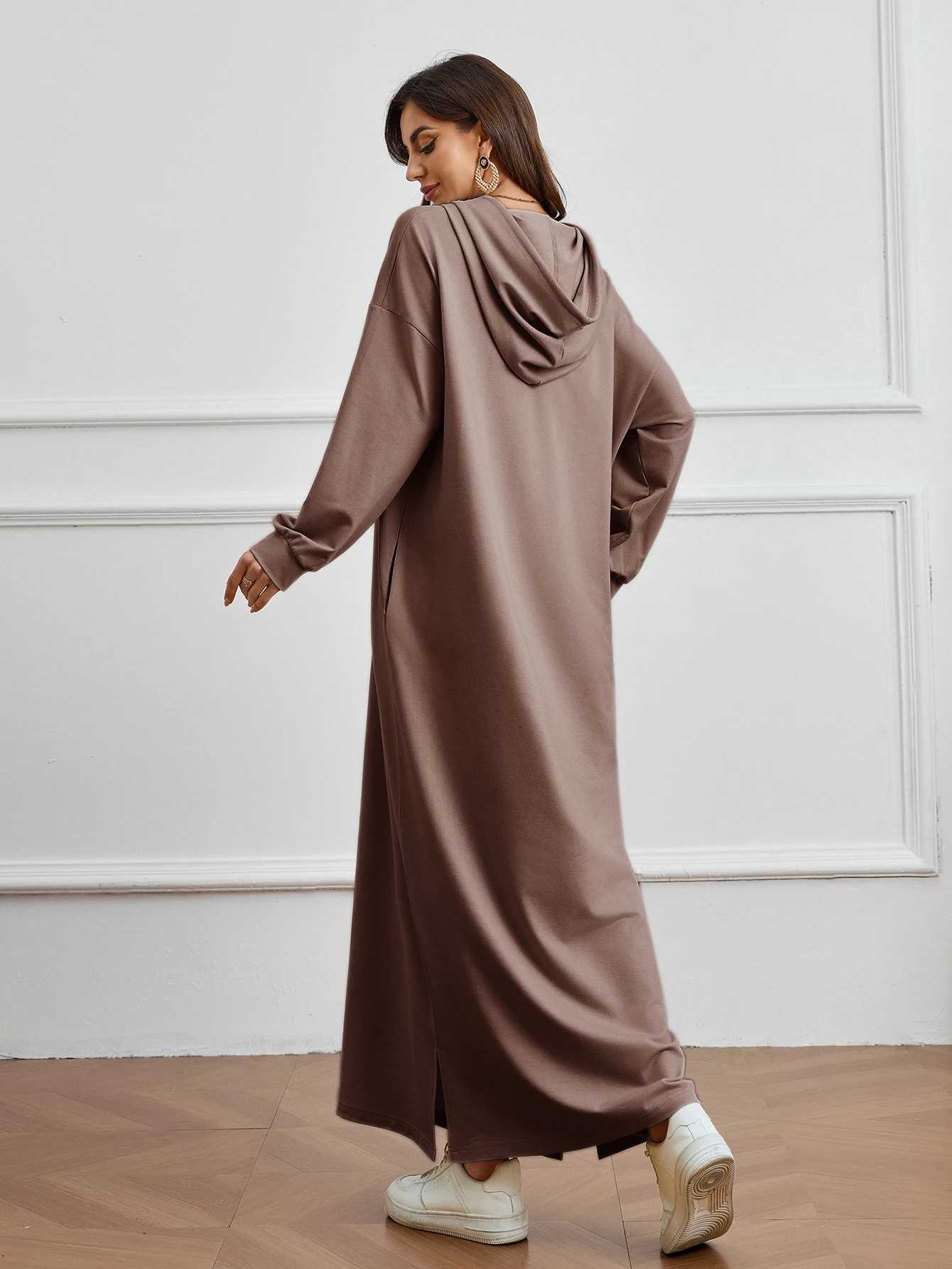 Muslim Womens Brown Hooded Abaya Loose Fit with Pockets Great for Daily and Semi - formal Wear in Middle East Islamic Societies X250514