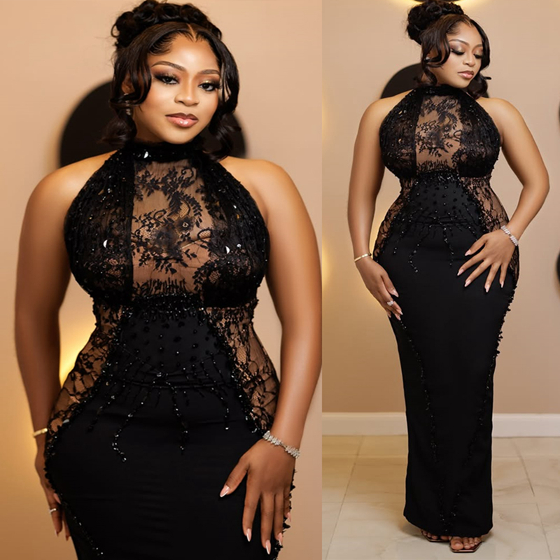 2025 Plus Size Black Aso Ebi Prom Dress Mermaid Prom Dresses Evening Formal Gowns Halter Floor Length Sheath Beaded Lace Birthday Dress Second Recepti