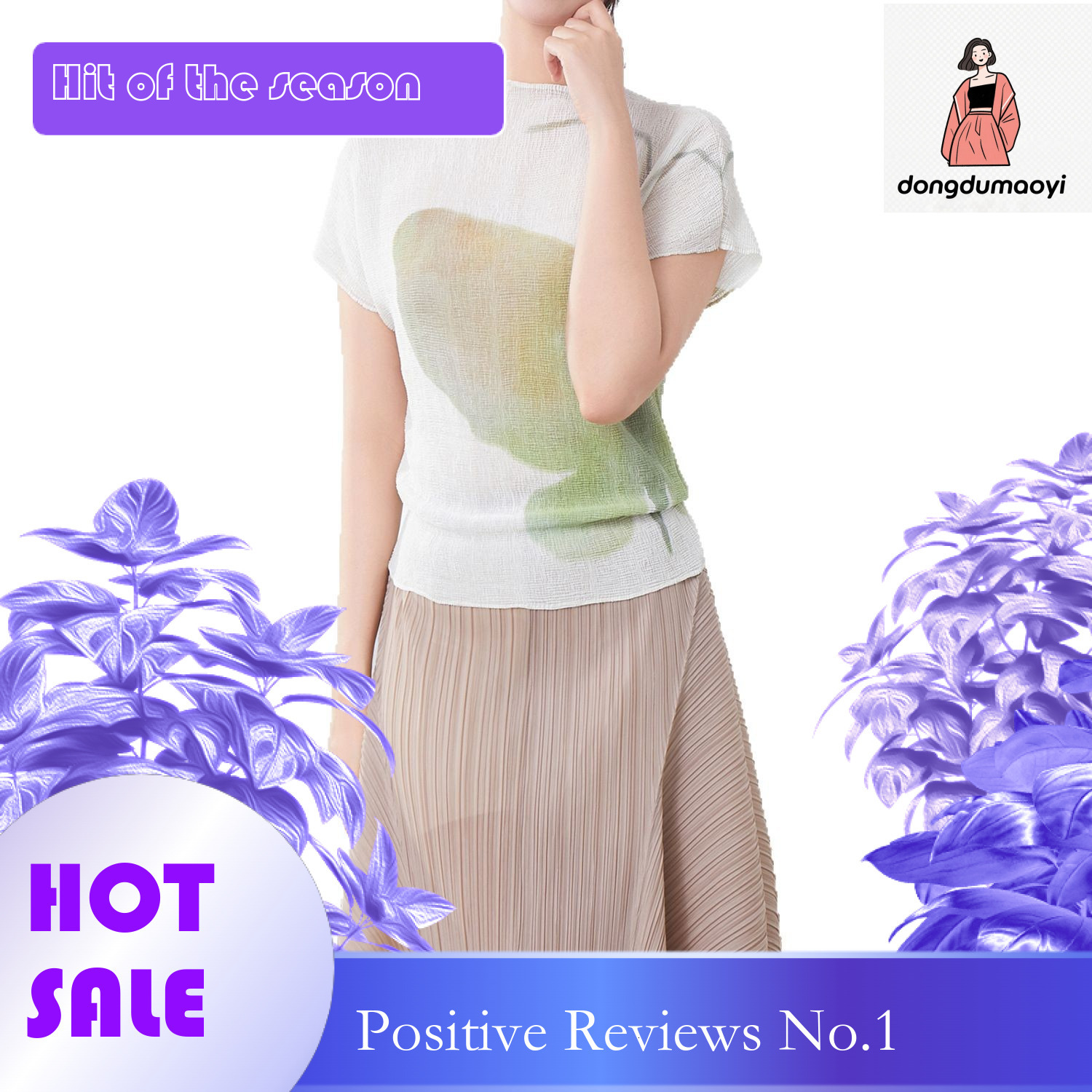 dongdumaoyi Nanyou women's clothing design sense printed short sleeved T-shirt new versatile summer round neck high-end feeling slimming pleated 