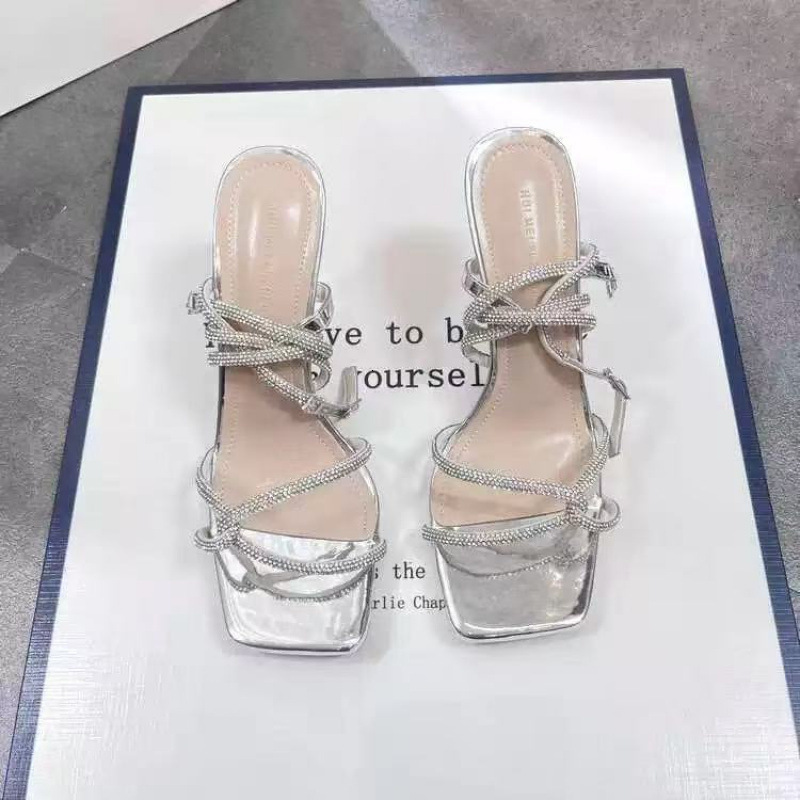 Designer sandals 2025 new summer slim heel internet famous rhinestone sandals for women with cross straps, niche open toe matching skirt, fairy high h