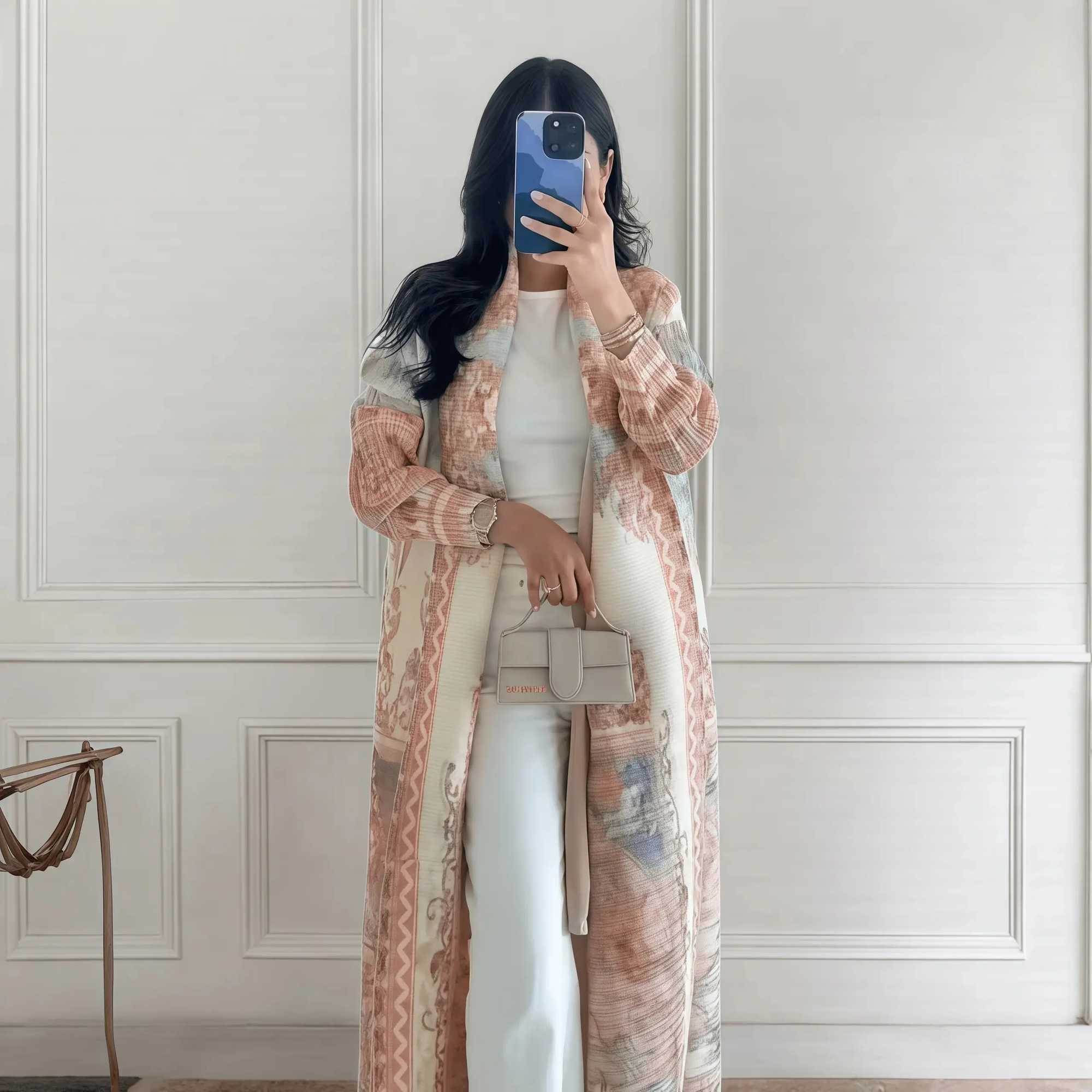 Autumn Womens Long Coat Retro Printed Long Slved Muslim Abaya Saudi Fashion Wrinkled Waist Belt X250514