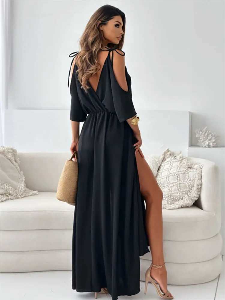 Summer V-neck Skirt Slit Dress Off-shoulder Sleeves Sexy Spaghetti Strap Dress Fashion Elegant Loose Beach Dresses Robe FemmeXJ250514