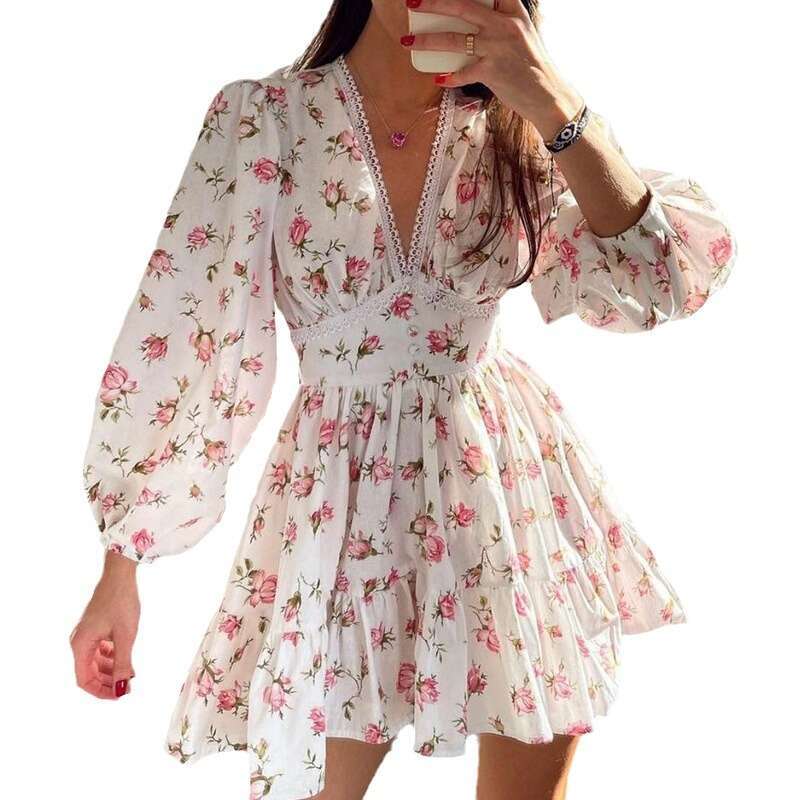 Dress Dresses for Woman Elegant Summer Dresses 2025 Womens New Elegant and Sweet Printed V-neck Pleated Short Long Sleeved Spring Dress for Women