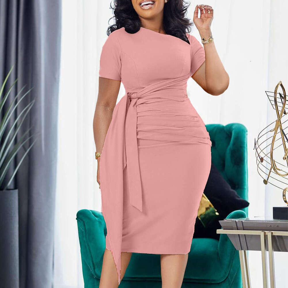 Women's Wear Women's Wear Women's Summer New Short Sleeve Fashion Pleated Elegant Strap Oblique Neck Dress
