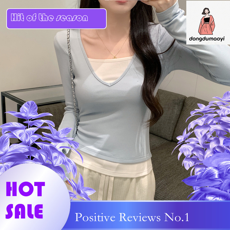 dongdumaoyi V-neck exposed collarbone short top, layered, sweet and spicy girl fake, two contrasting color, slim fit bottom shirt, T-shirt, women'