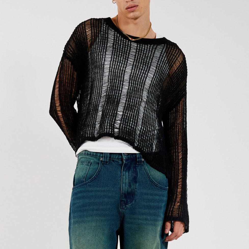 Men's T Shirts Elastic hollow slightly transparent sweater for men, long sleeved loose and versatile knitted sweater