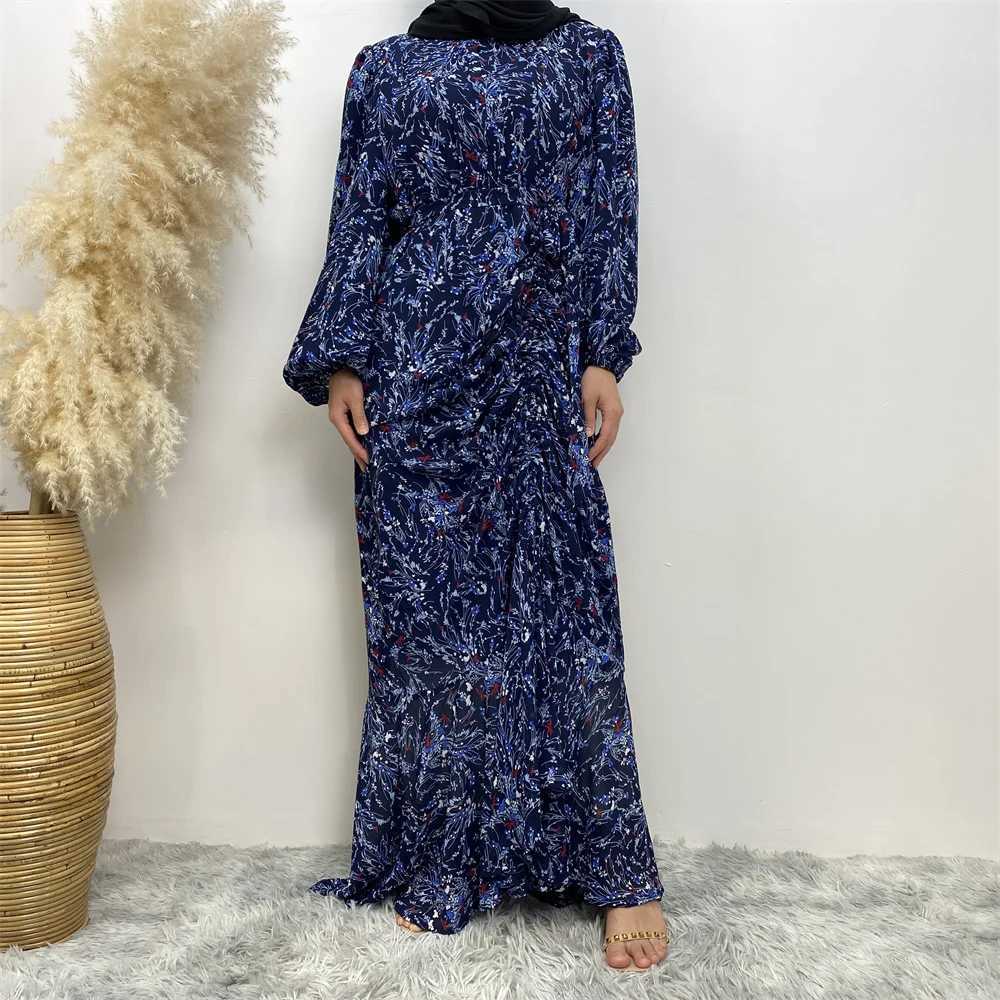 Muslim Womens dress Casual print bark crepe long dress Zipper collar long slves loose Muslim maxi dress X250514