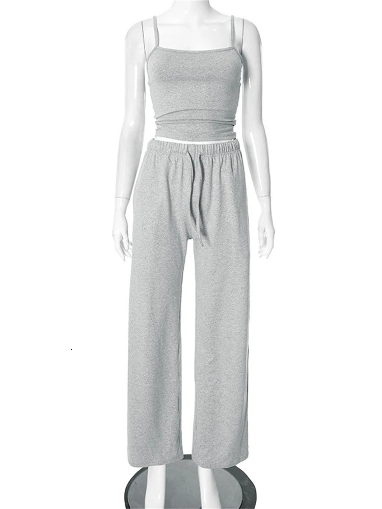 Absobe Sleeveless Backless Slim Tank Top Loose WideLeg Pants TwoPiece Casual Set For Women Chic Streetwear Solid Color Outfit 250514