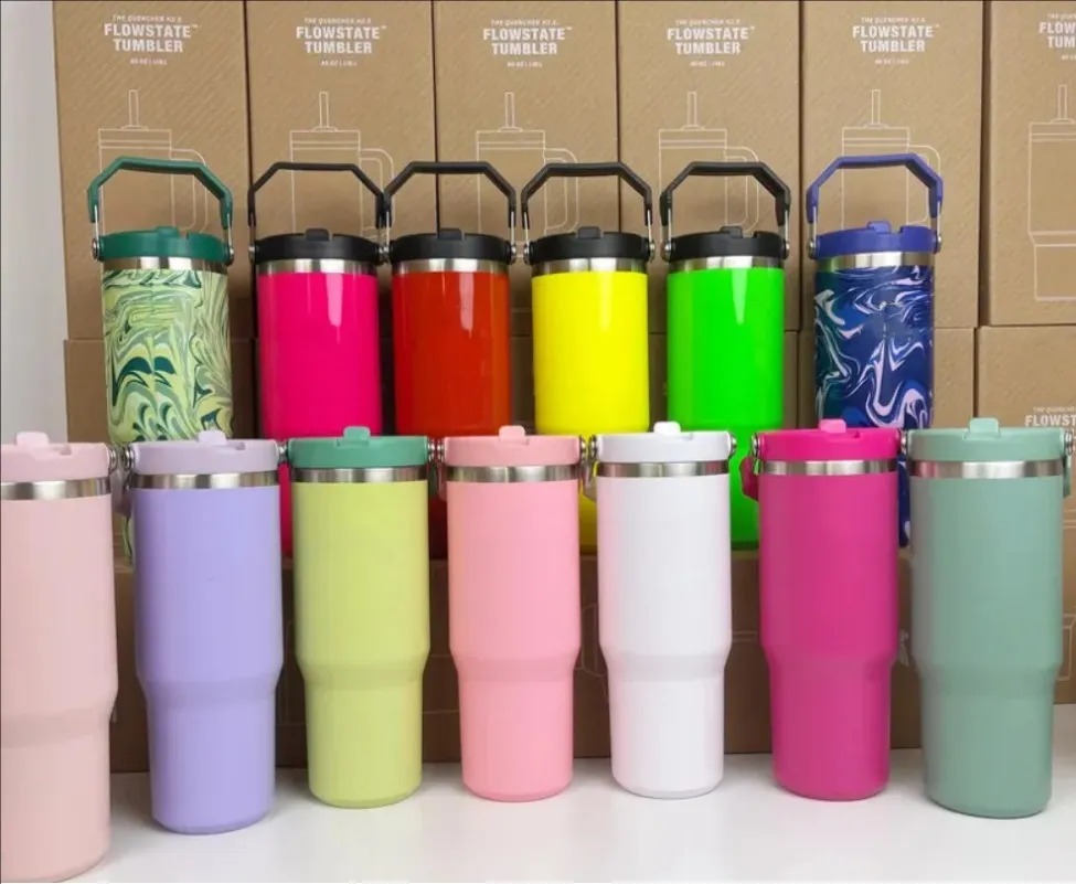 Wholesale 304 Stainless Steel 30OZ Travel Mugs Reusable Flip Straw Tumblers Customize 30oz Cups With Handle Lid Tumblers