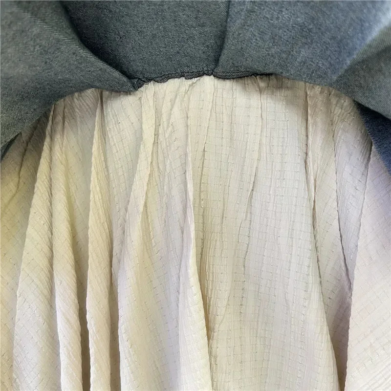 Retro Spliced Denim Pleated Skirt for Women Summer Temperament Girl Fashionable High Waist Aline 250514