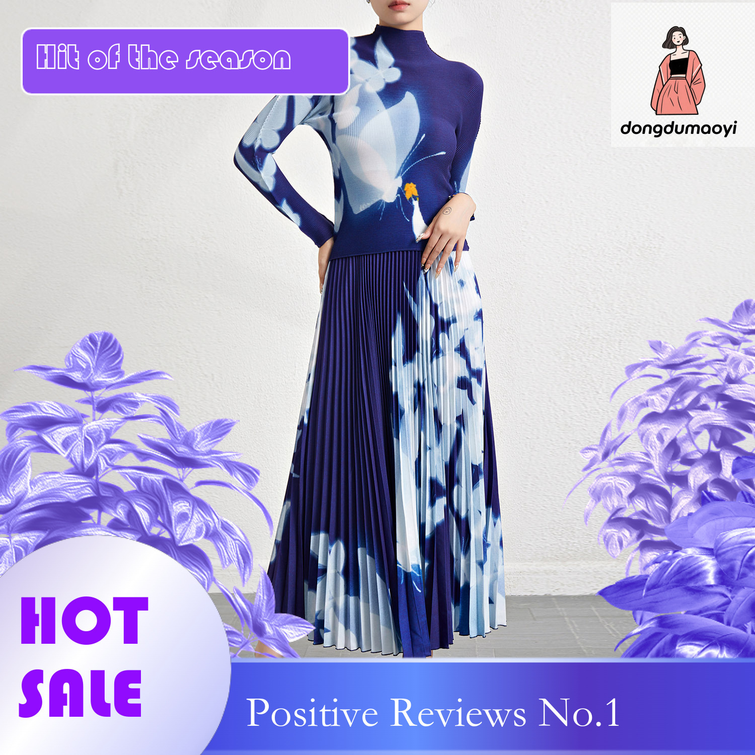 dongdumaoyi Western style fashion casual suit women's autumn new item elastic long sleeved printed T-shirt pleated skirt two-piece set