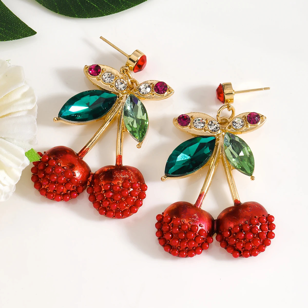 Vedawas Rhinestone Rice Bead Enamel Cherry Drop EarringsLovely Elegant Beaded Fruit Party Holiday Women Accessories 250514