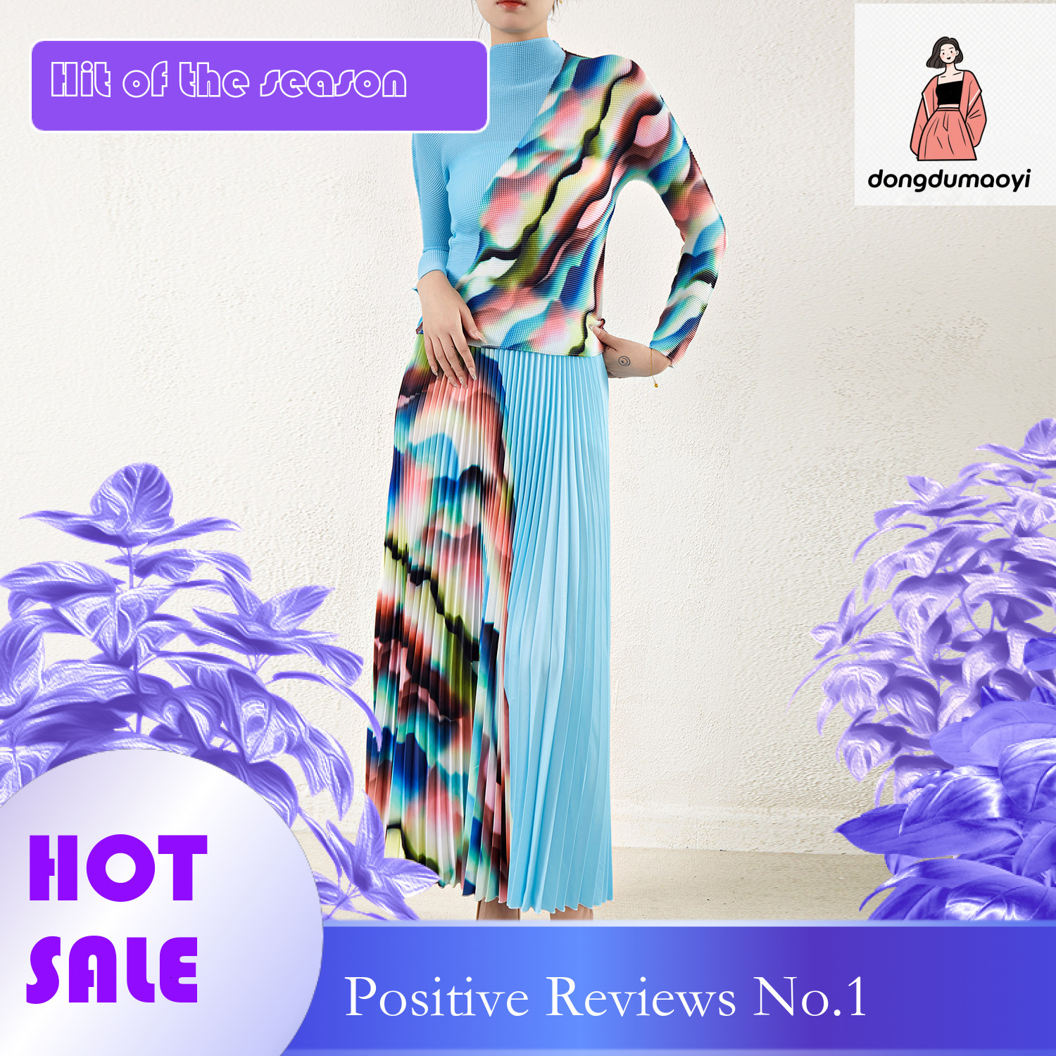 dongdumaoyi European fashion high-end printed set, new pleated elastic T-shirt, Tongle half body skirt, three bedroom two-piece set