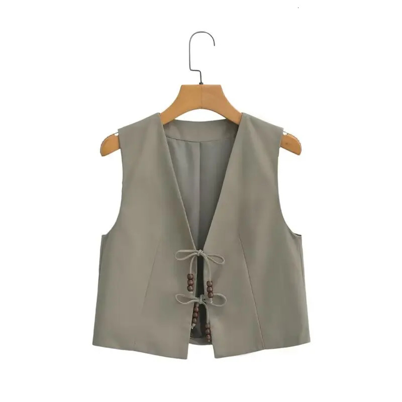womens fashionable Vneck sleeveless bead n lace top short linen vest jacket for office casual slim fit waist CT2208 250506