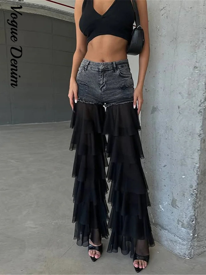 Summer Denim Patchwork Layer Tulle Woman Pants Wash Low Waist Pockets Cake Gauze Jeans 2025 High Street Female Trousers 250513