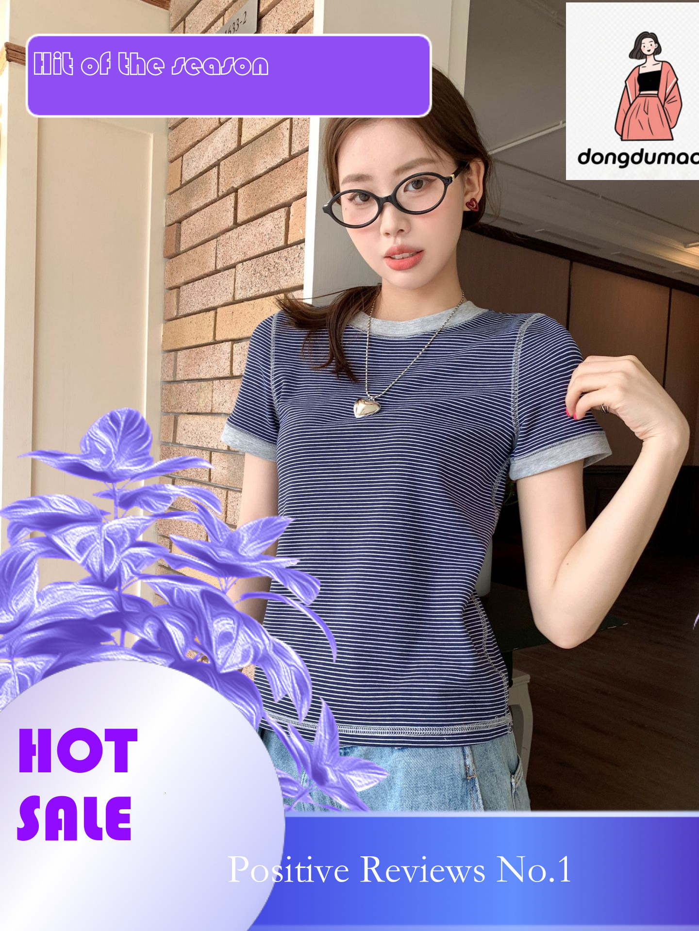 dongdumaoyi Spring and summer new collar color blocked T-shirt for women, high elasticity slim fit round neck short sleeved striped knitted sweater to