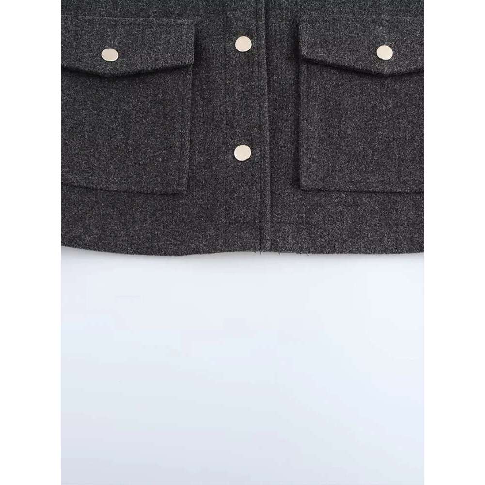 New women's clothing European and American style fashionable simple versatile double pocket short woolen jacket